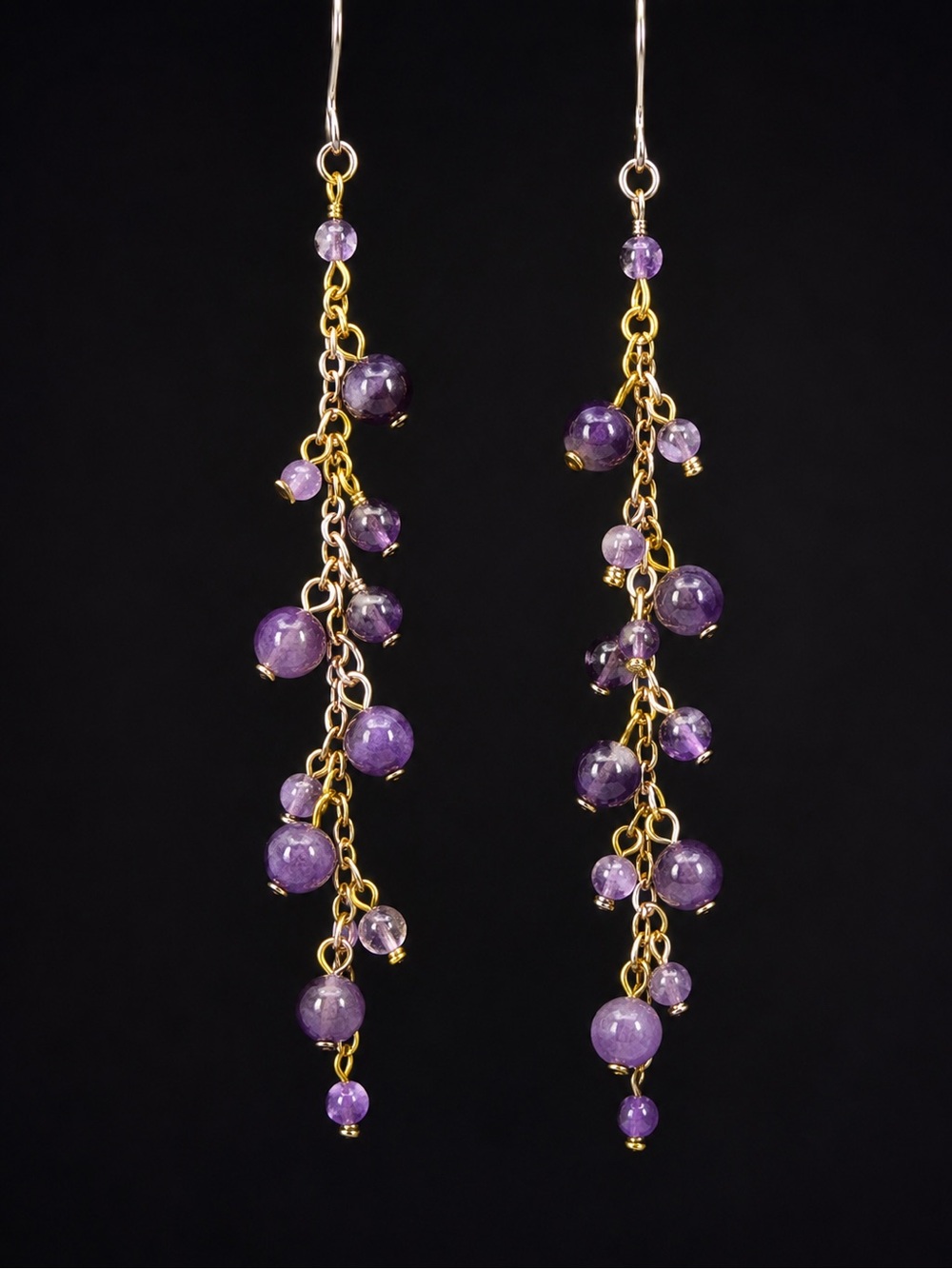 Amethyst Cluster Waterfall Dangle Earrings Gold Tone 3.25” Long